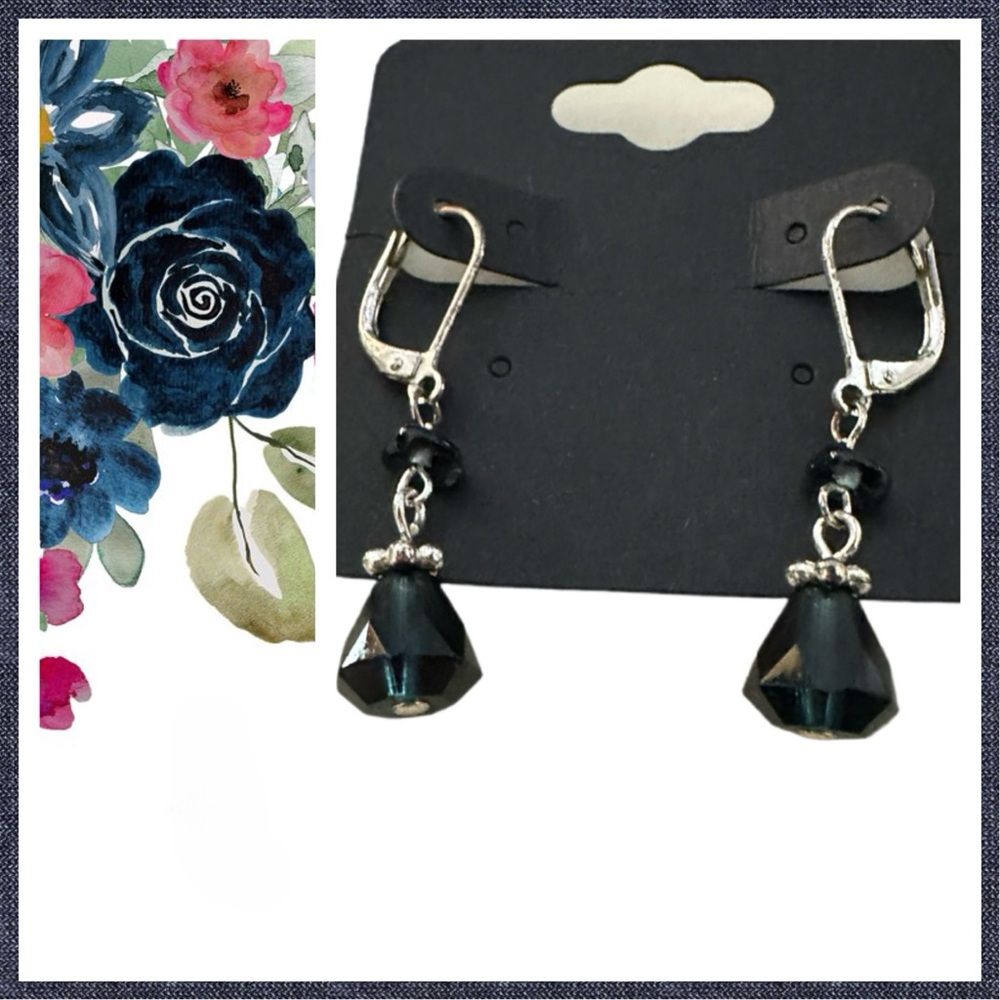 Dk Blue Gem Cut Crystals with Silver Tone. Lever Back Dangle Earrings